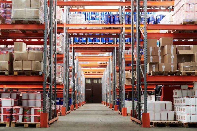 Warehouse aisle lined with tall orange racking holding boxes and tubs of stock