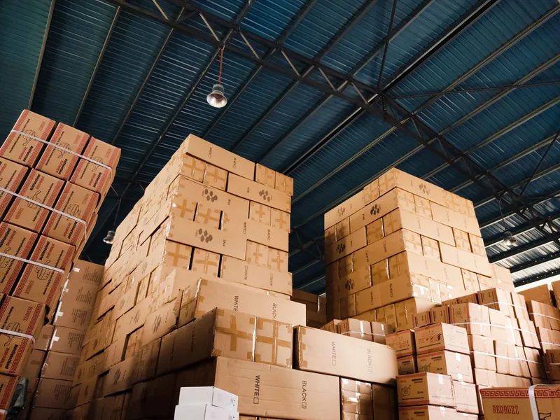 Stacked cardboard boxes organized in a warehouse for shipping