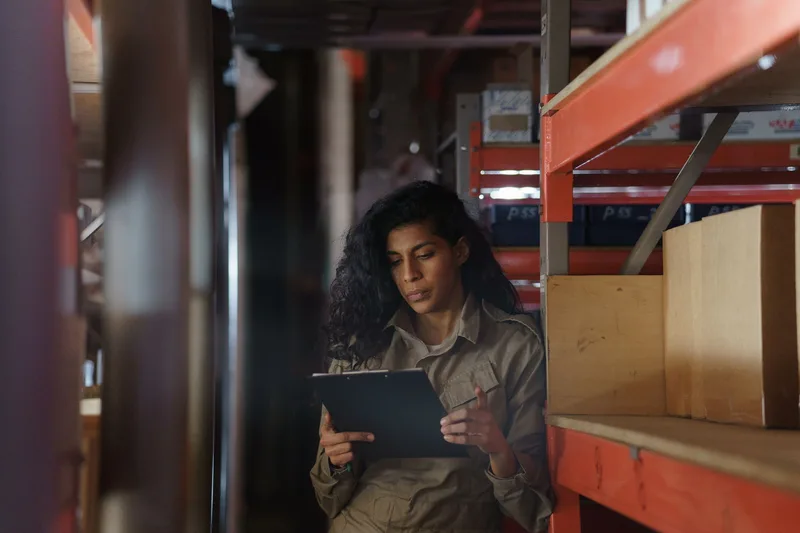 Warehouse worker holding a clipboard while checking stock