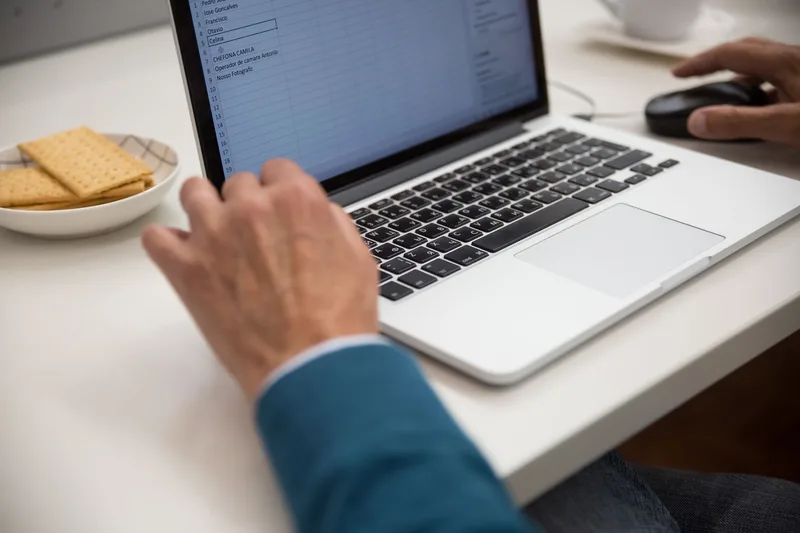 Person reviewing a stock spreadsheet on a laptop at a desk