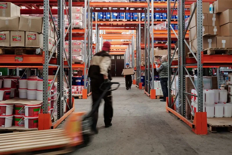 Warehouse workers in a rack aisle, one pulling a pallet jack and another checking stock on a shelf