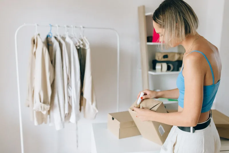 Woman packing clothes into a cardboard box beside a rail of hanging jackets in a bright room