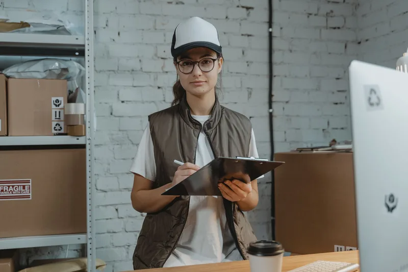 Woman in a cap and glasses holding a clipboard and pen at a desk in a small storeroom with shelves of cardboard boxes