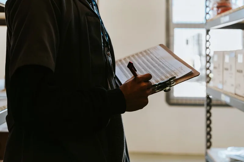 Staff member holding a clipboard and pen beside storage shelves during a stock count