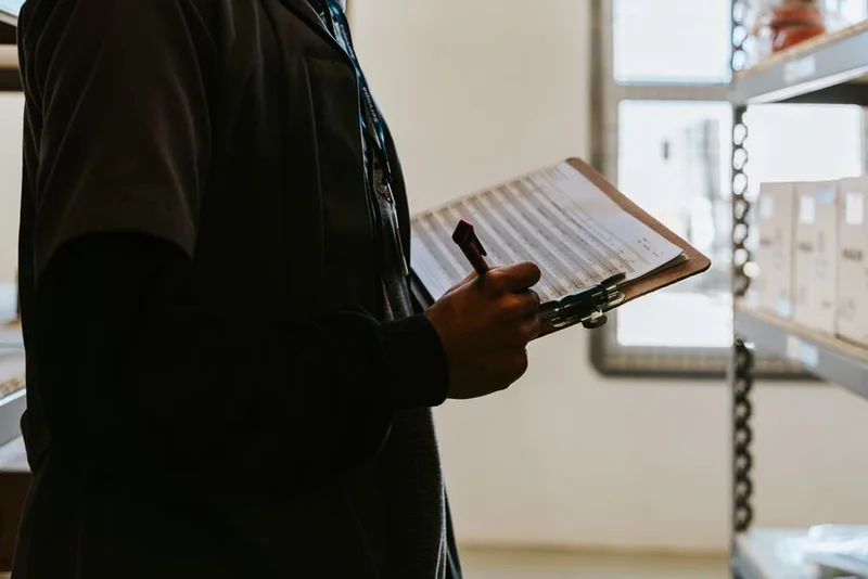 Person holding a clipboard with a printed stock list beside warehouse shelving